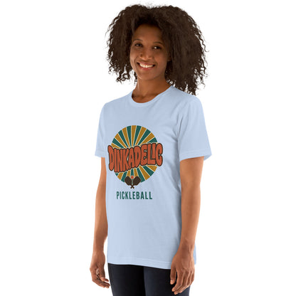 Dinkadelic retro 70s pickleball tee — Baby Blue, on model