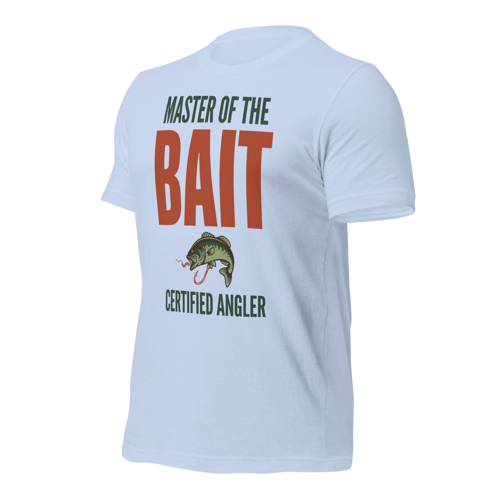 Master of the Bait retro fishing humor typography tee — Baby Blue, front-right
