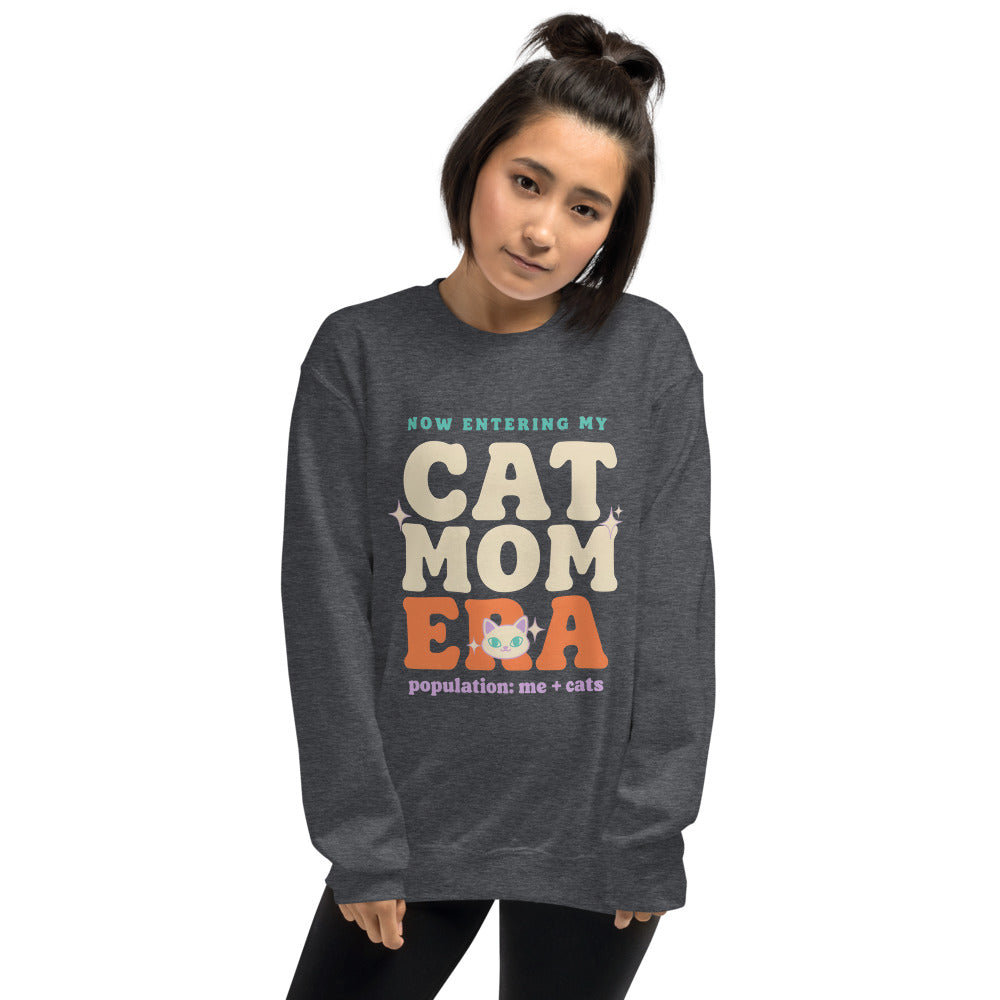 Model wearing the Cat Mom Era crewneck sweatshirt — Dark Heather