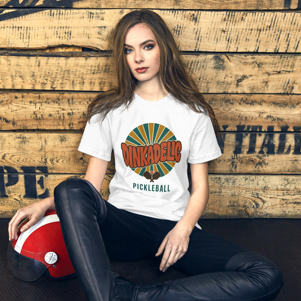Dinkadelic retro 70s pickleball tee — White, on model