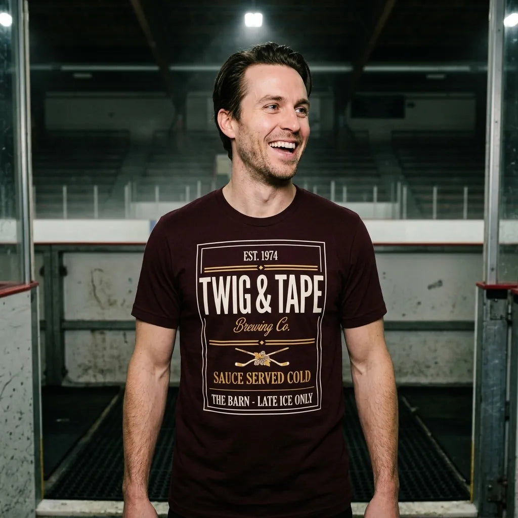 Twig and Tape Brewing Co. beer league hockey t-shirt — lifestyle
