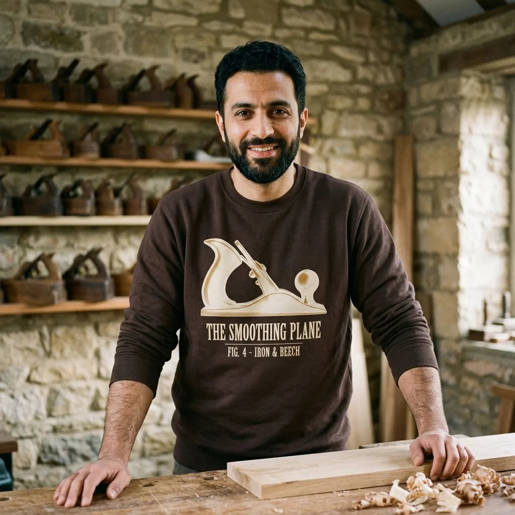 Fig. 4 The Smoothing Plane woodworking crewneck sweatshirt — lifestyle