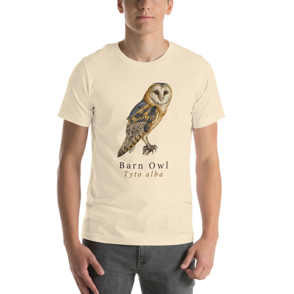 Barn Owl vintage field-guide tee — Heather Natural, on model
