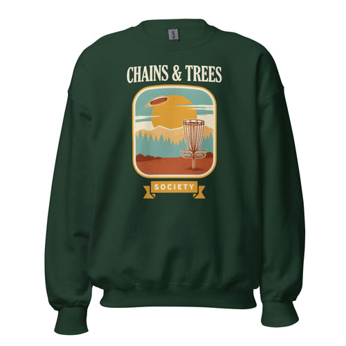 Disc Golf Sweatshirt, Retro Disc Golf Nature Crewneck, Disc Golf Gift — Chains & Trees Society Landscape Badge Sweatshirt