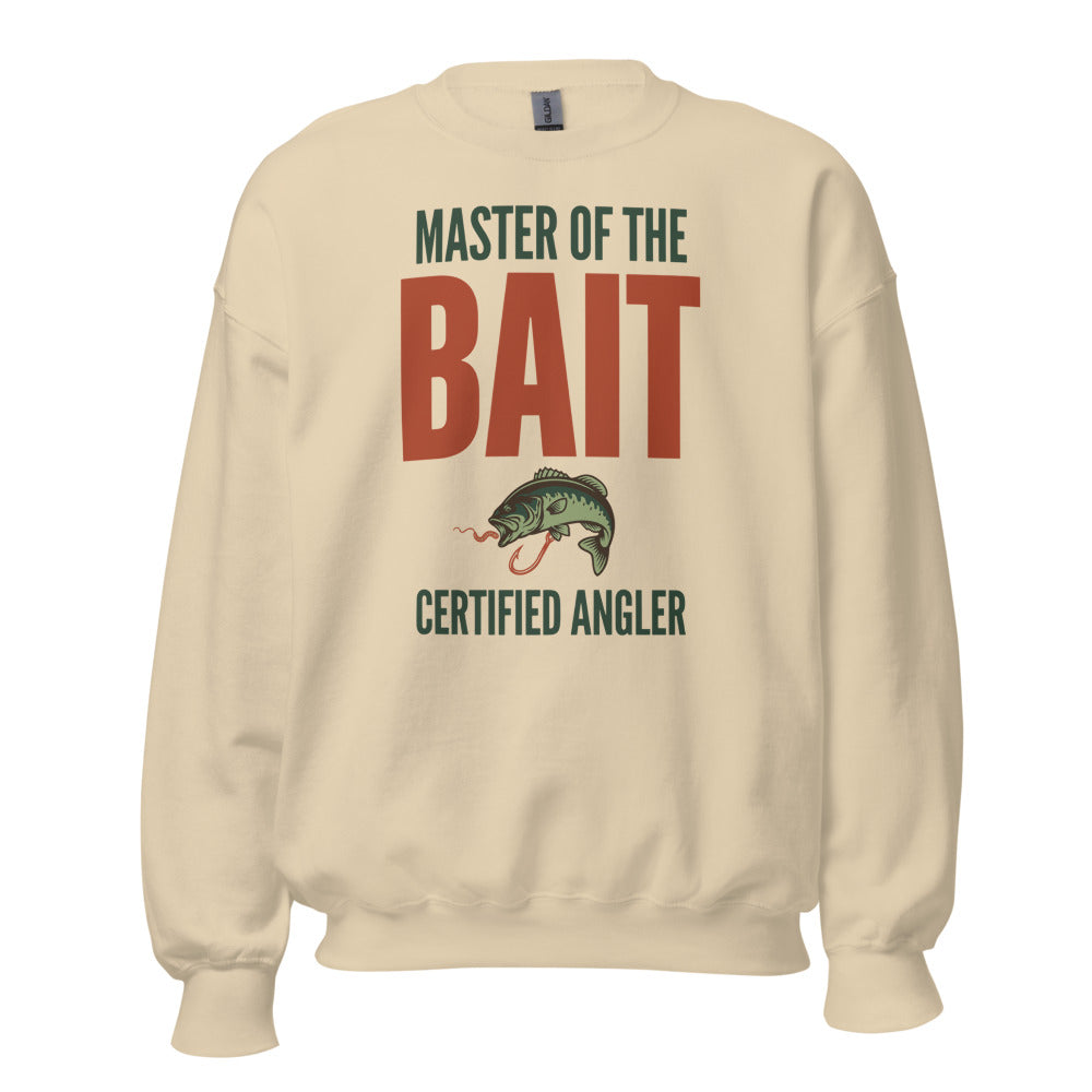 Master of the Bait retro fishing humor crewneck sweatshirt — Sand, front