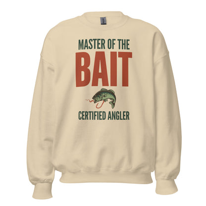 Master of the Bait retro fishing humor crewneck sweatshirt — Sand, front