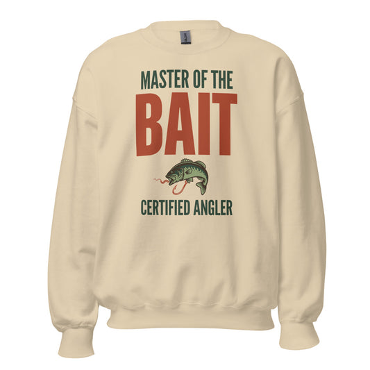 Master of the Bait retro fishing humor crewneck sweatshirt — Sand, front