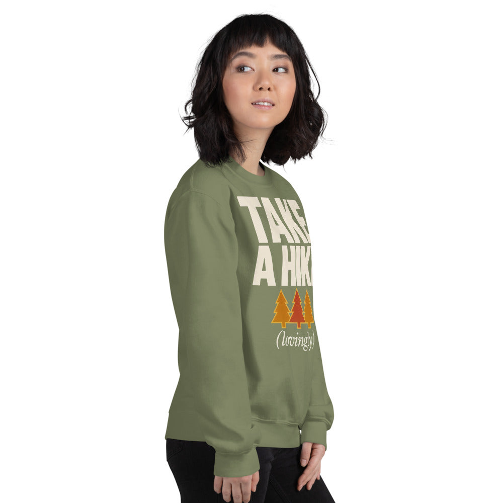 Take a Hike retro outdoors humor typography crewneck sweatshirt — Military Green, on model
