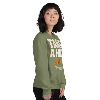 Take a Hike retro outdoors humor typography crewneck sweatshirt — Military Green, on model