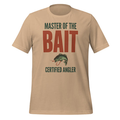 Master of the Bait retro fishing humor typography tee — Tan, front