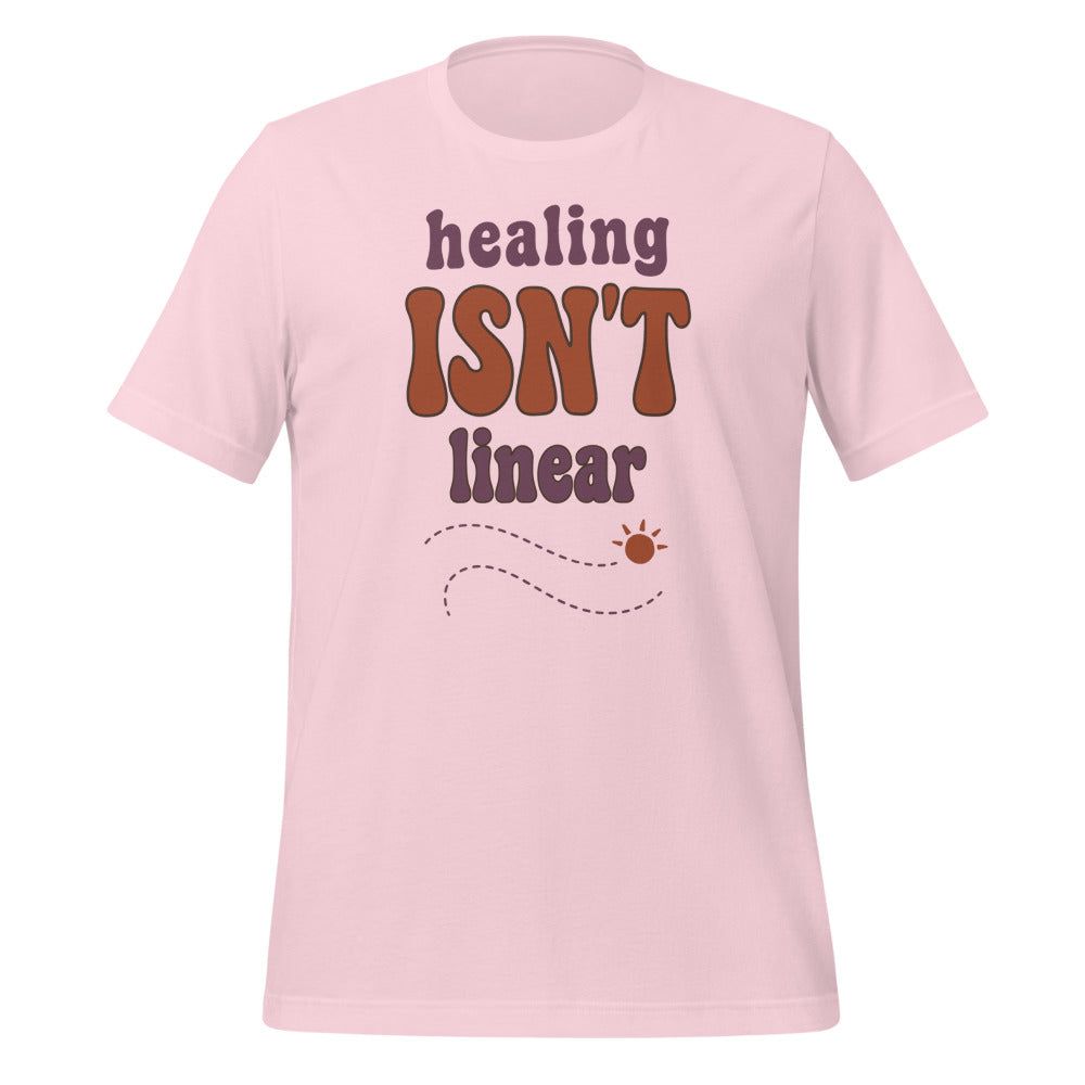 Healing Isn't Linear soft retro mental health tee — Soft Pink, front
