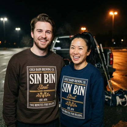 Beer League Sin Bin Stout brewery label crewneck sweatshirt — lifestyle