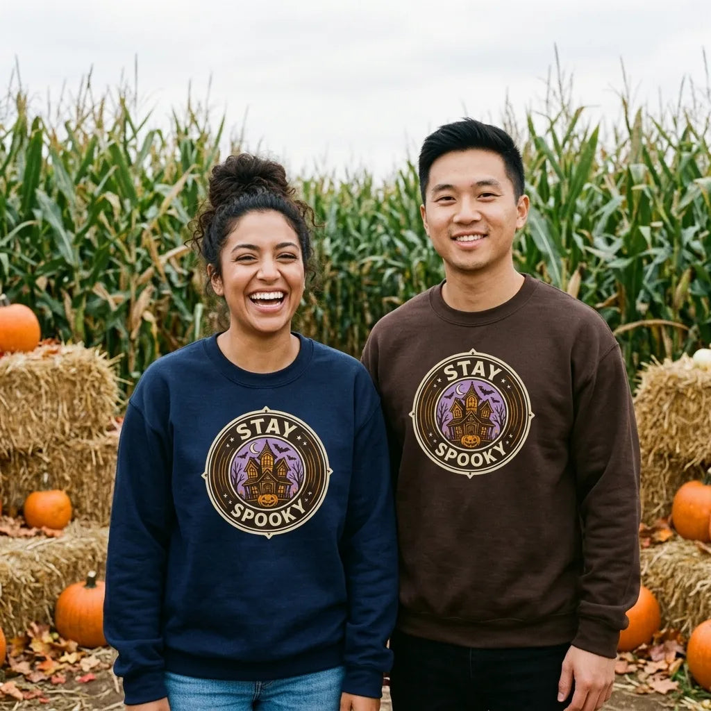 Stay Spooky retro Halloween vintage badge crewneck sweatshirt — lifestyle