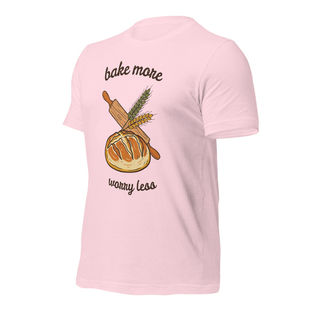 Bake More Worry Less retro kitchen sourdough tee — Soft Pink, front right