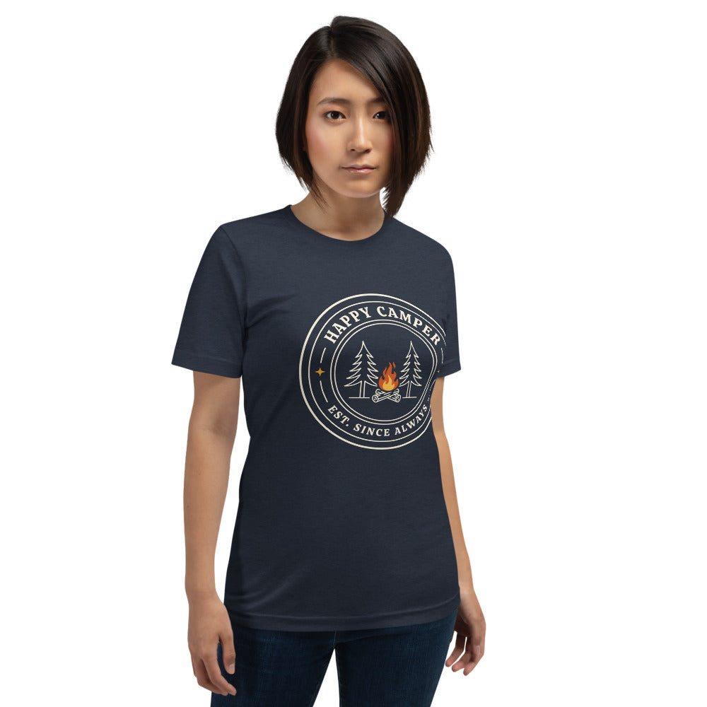 Happy Camper retro camp badge tee — Heather Navy, on model