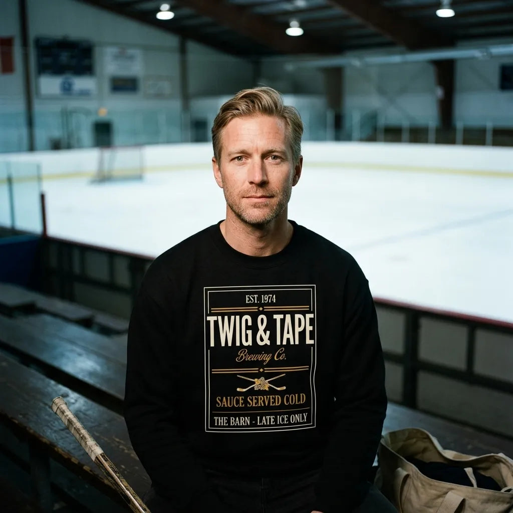 Twig and Tape Brewing Co. beer league hockey crewneck sweatshirt — lifestyle