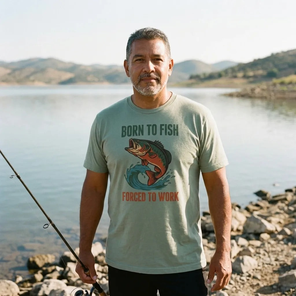 Born to Fish Forced to Work retro fishing humor tee — lifestyle