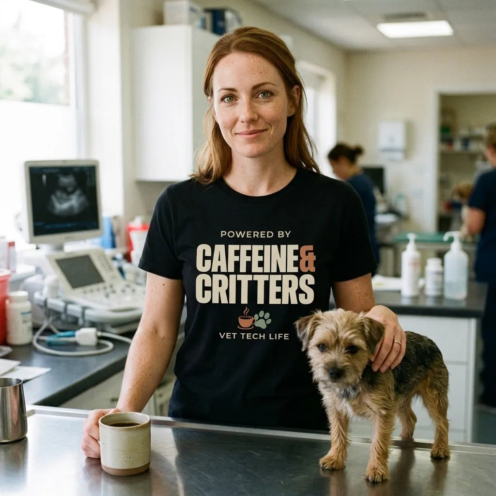 Powered by Caffeine & Critters funny vet tech tee — lifestyle