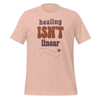 Healing Isn't Linear soft retro mental health tee — Heather Prism Peach, front