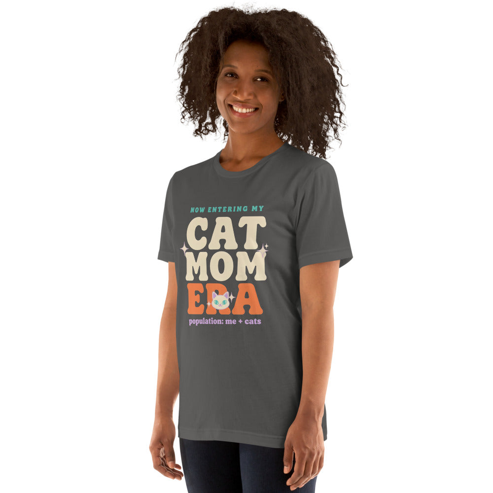 Cat Mom Era retro Y2K tee on model — Asphalt
