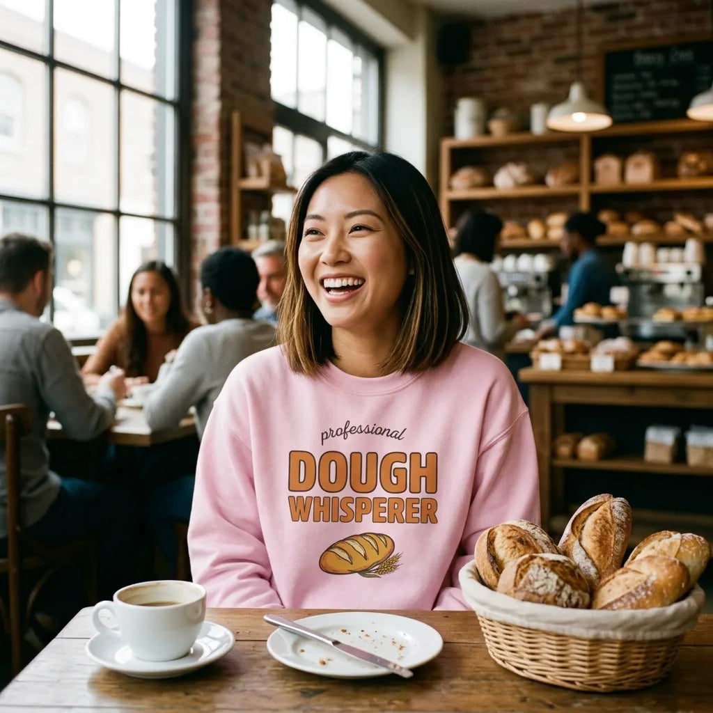 Woman at a bakery cafe wearing the Professional Dough Whisperer Light Pink crewneck sweatshirt