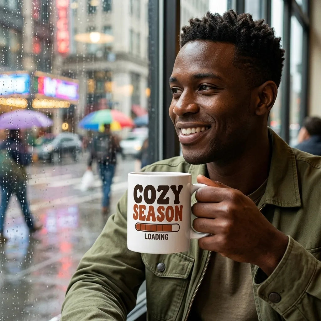 Cozy Season Loading retro 70s fall coffee mug — lifestyle