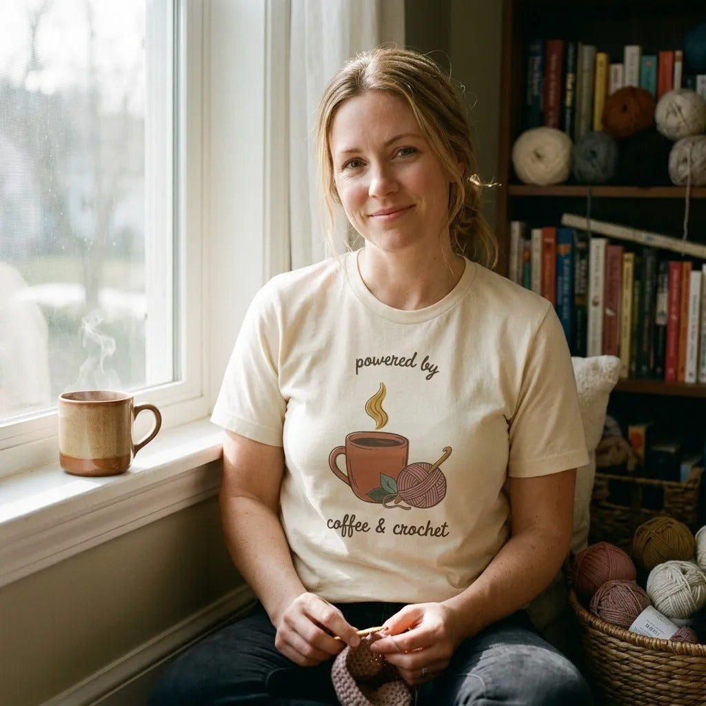 Powered by Coffee and Crochet cottagecore crochet tee — worn by a woman relaxing in a sunny window reading nook with yarn and coffee (Natural)