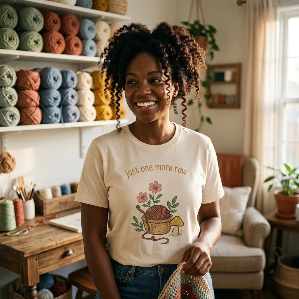 Just One More Row crochet cottagecore tee — model in a bright home craft room with shelves of yarn skeins, Soft Cream
