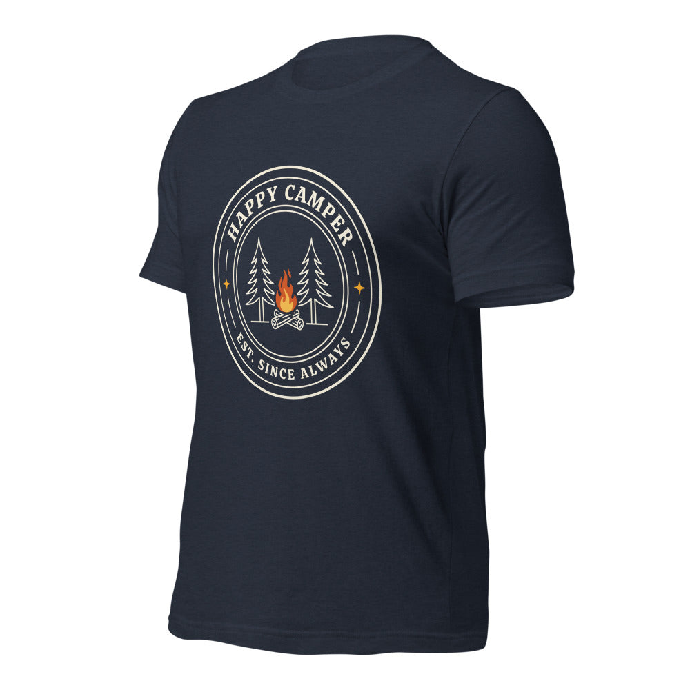 Happy Camper retro camp badge tee — Heather Navy, front right