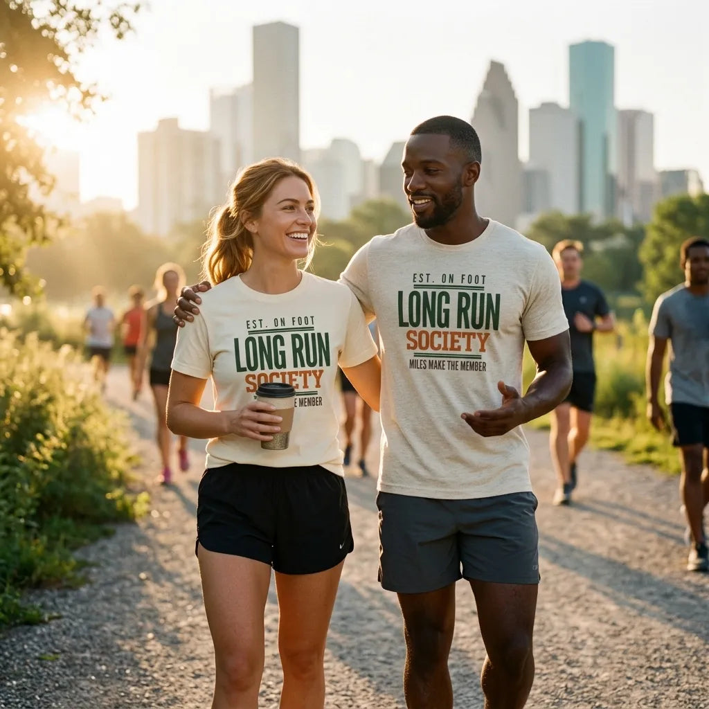 Long Run Society tee on a couple — woman in Natural, man in Heather Natural — golden-hour park run