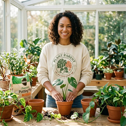Plant Parent retro botanical badge crewneck sweatshirt — woman repotting a monstera at a sunlit potting bench, Sand