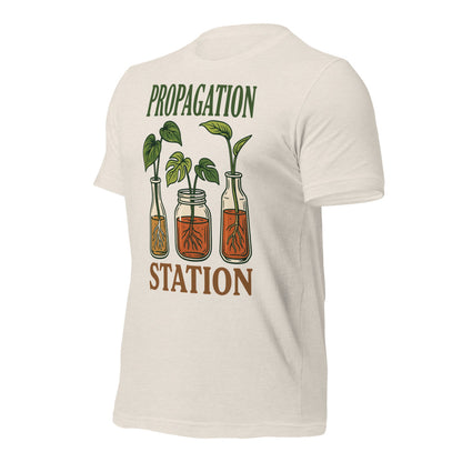 Propagation Station retro botanical plant lover tee — Heather Dust, front right