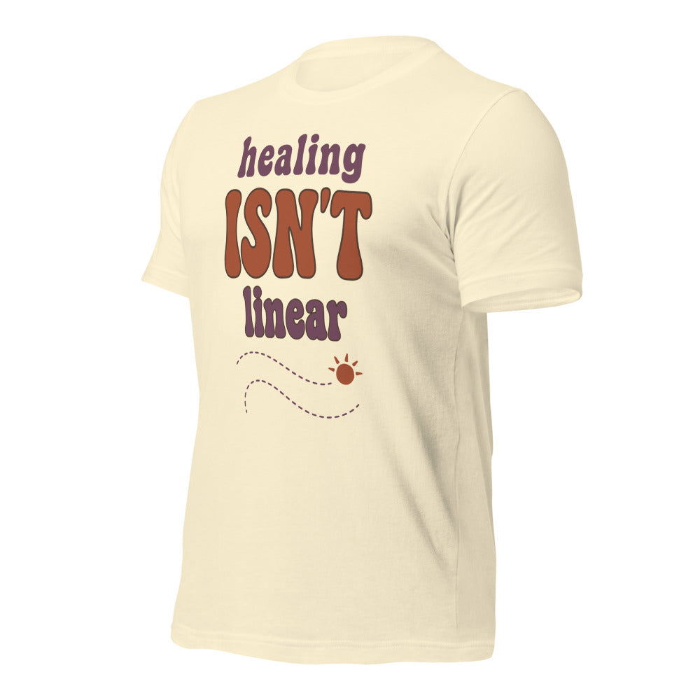 Healing Isn't Linear soft retro mental health tee — Natural, front right