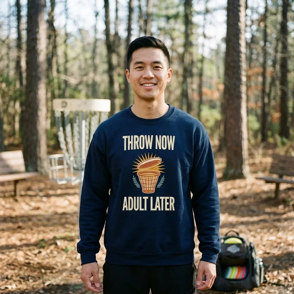 Throw Now Adult Later disc golf retro crewneck sweatshirt — disc golfer at the course, Navy
