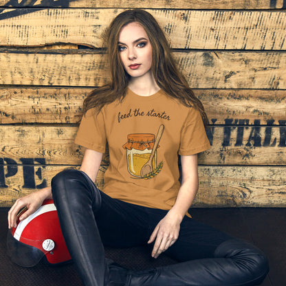 Feed The Starter sourdough baker tee — Toast, on model