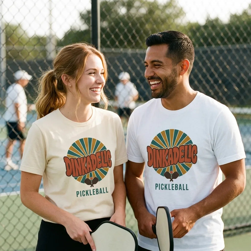 Dinkadelic retro 70s pickleball tee — couple laughing courtside at pickleball court in Natural and White tees