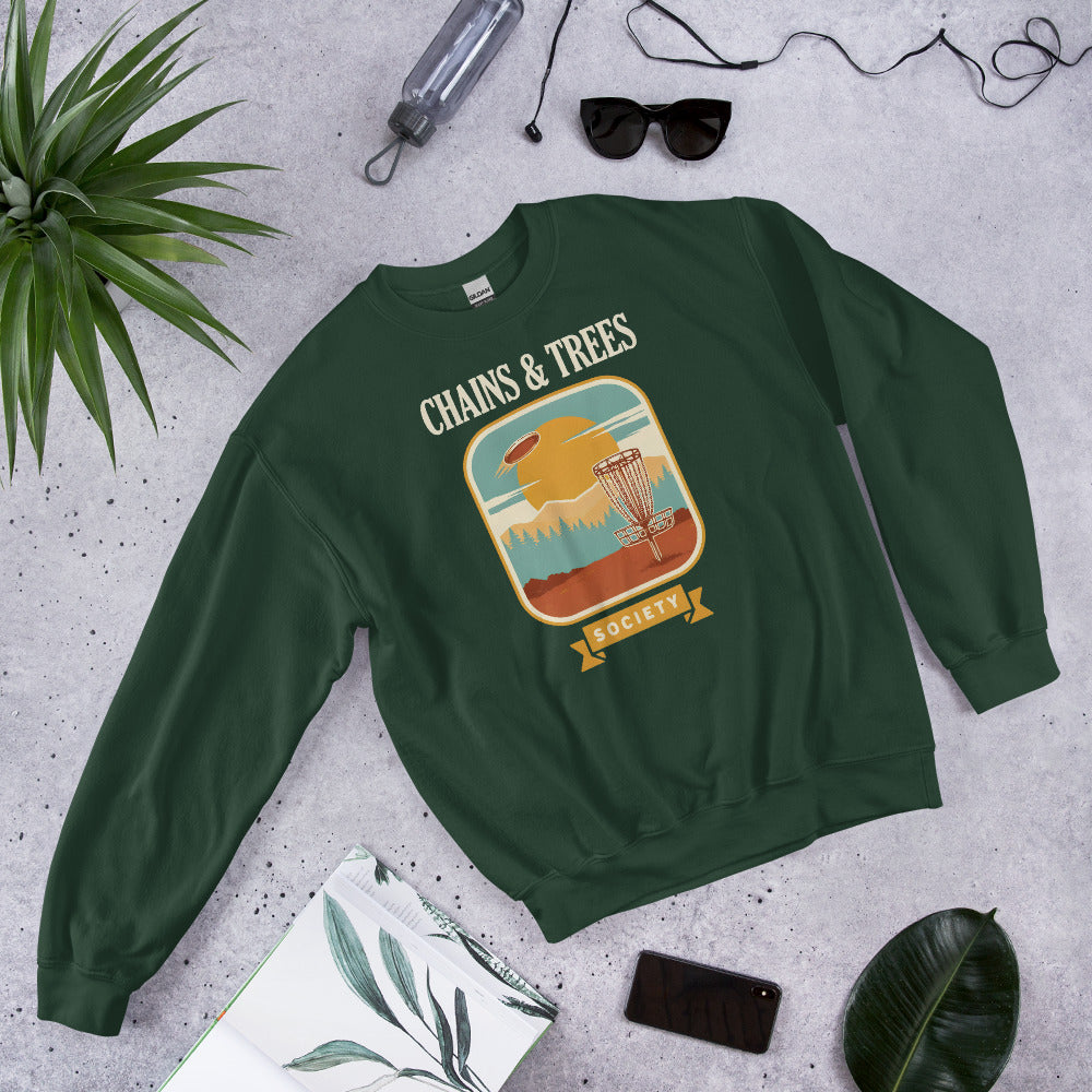 Chains & Trees Society disc golf retro landscape crewneck sweatshirt — Forest Green, front-right
