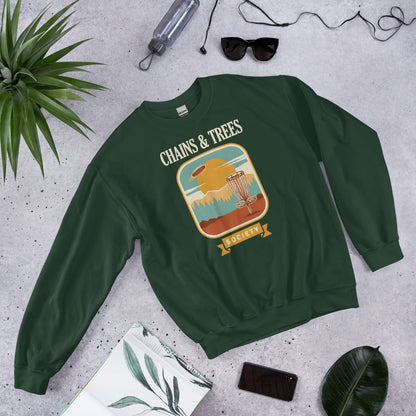 Chains & Trees Society disc golf retro landscape crewneck sweatshirt — Forest Green, front-right