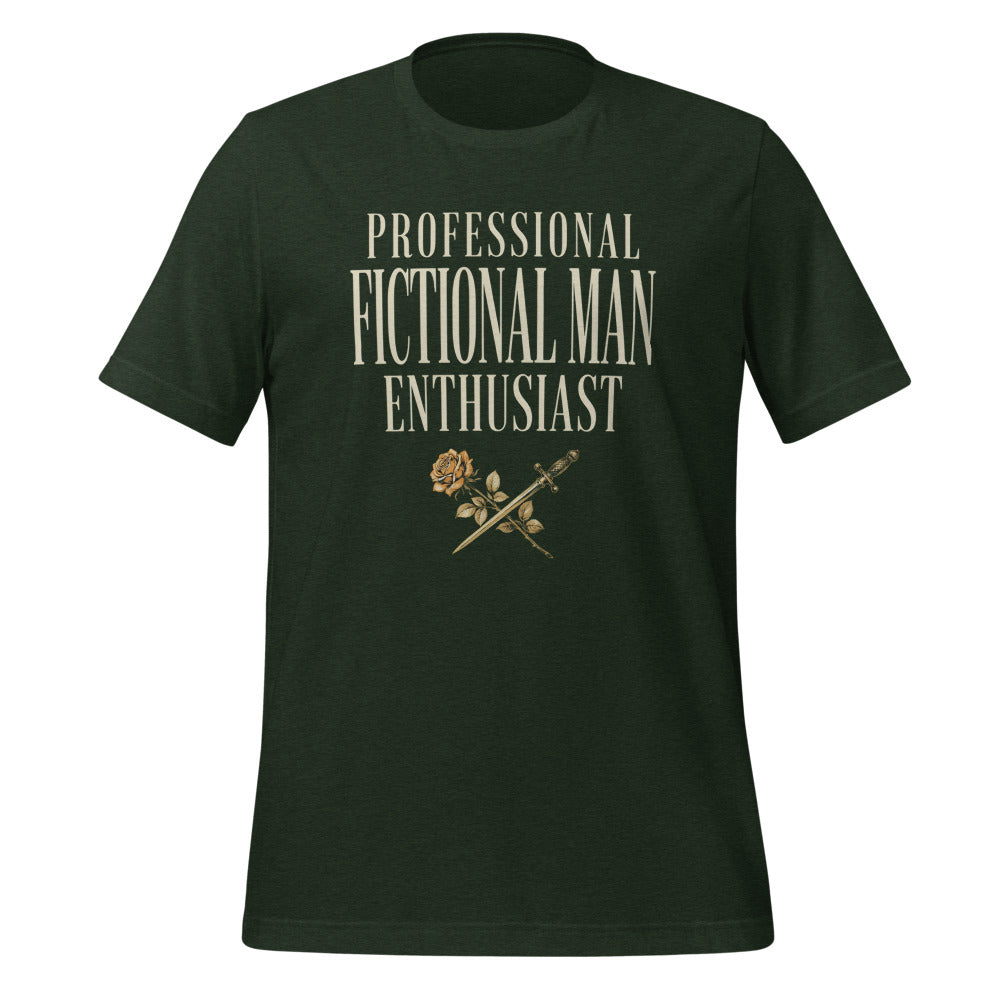 Professional Fictional Man Enthusiast book lover dark academia tee — Heather Emerald, front