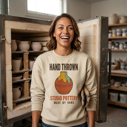Hand Thrown Studio Pottery retro poster crewneck sweatshirt — lifestyle