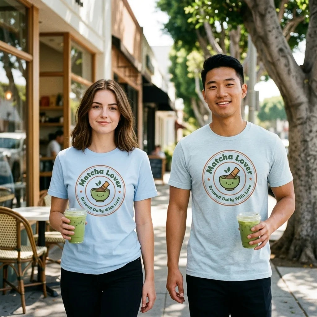 Matcha Lover retro café badge tee — lifestyle