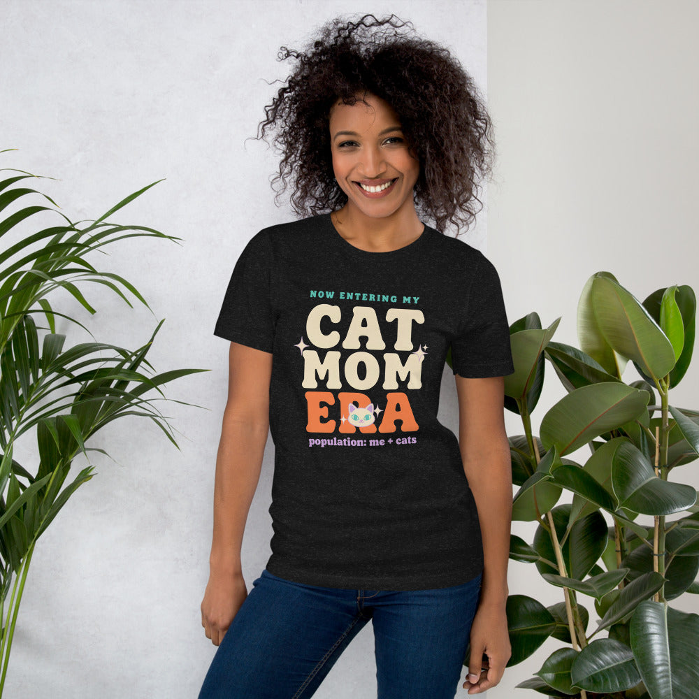 Cat Mom Era retro Y2K tee on model — Black Heather