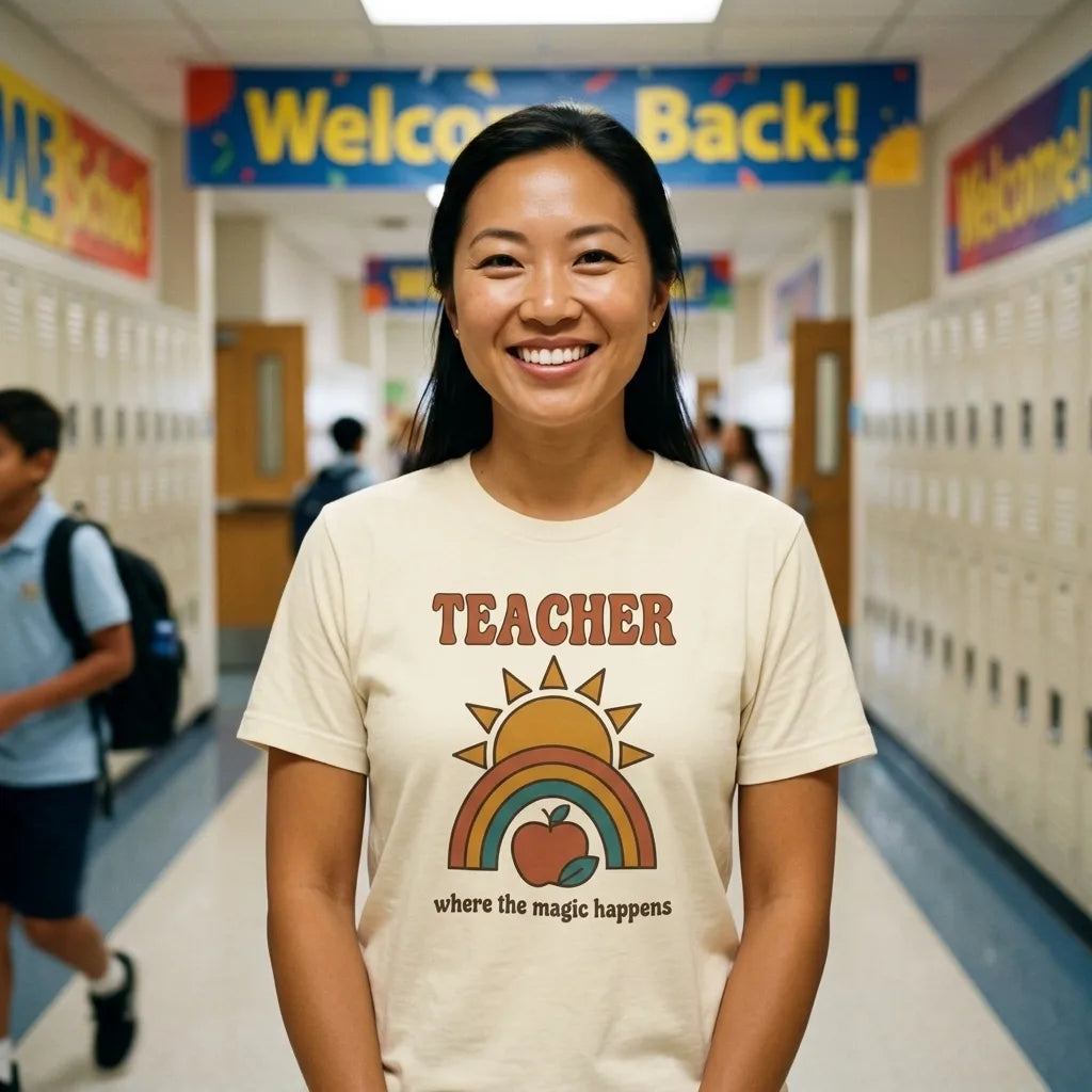 Teacher in a Natural Where The Magic Happens retro groovy teacher tee smiling in a busy school hallway