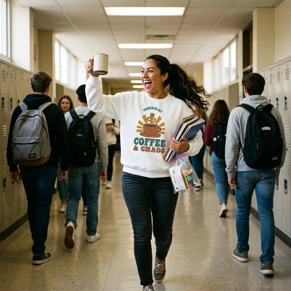 Teacher mid-stride in a White Powered By Coffee And Chaos crewneck raising a coffee mug in a school hallway