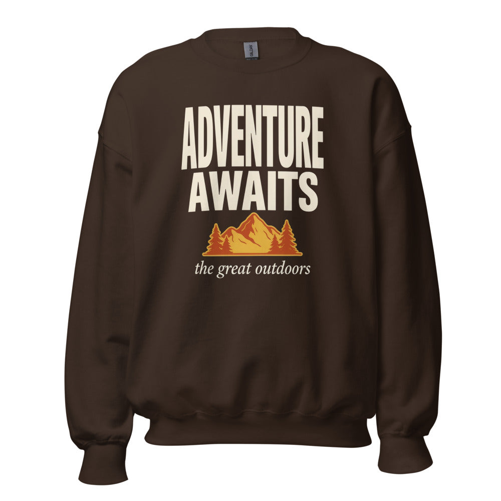 Adventure Awaits retro outdoors typography crewneck sweatshirt — Dark Chocolate, front
