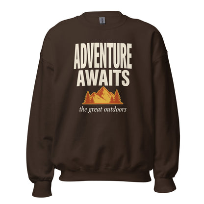 Adventure Awaits retro outdoors typography crewneck sweatshirt — Dark Chocolate, front