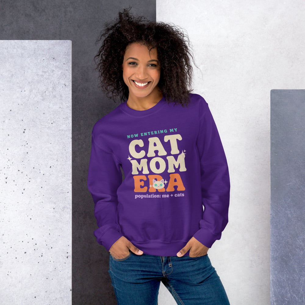 Model wearing the Cat Mom Era crewneck sweatshirt — Purple
