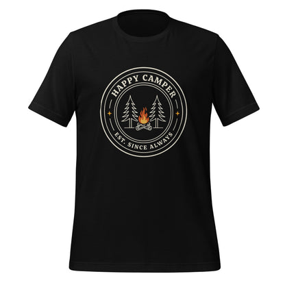Happy Camper retro camp badge tee — Black, front