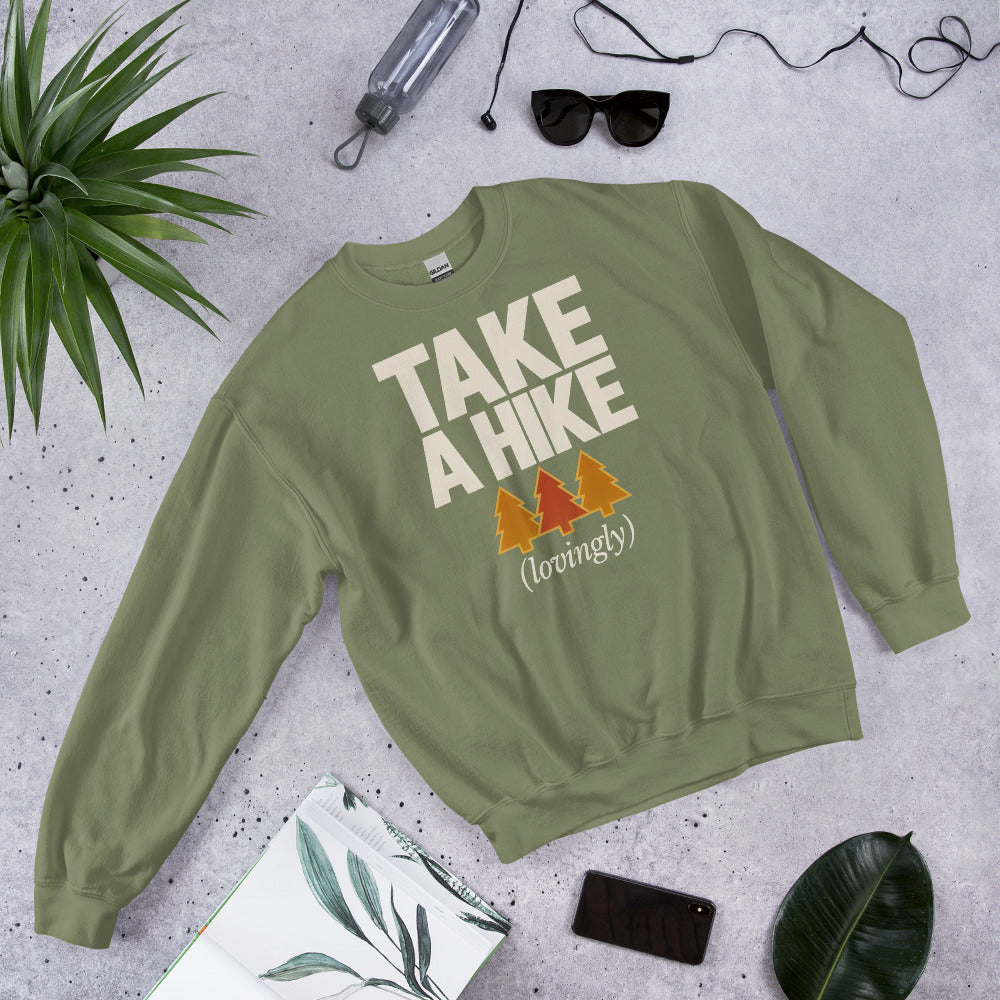 Take a Hike retro outdoors humor typography crewneck sweatshirt — Military Green, front view