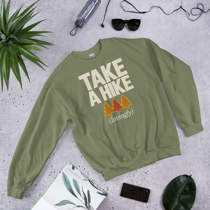 Take a Hike retro outdoors humor typography crewneck sweatshirt — Military Green, front view